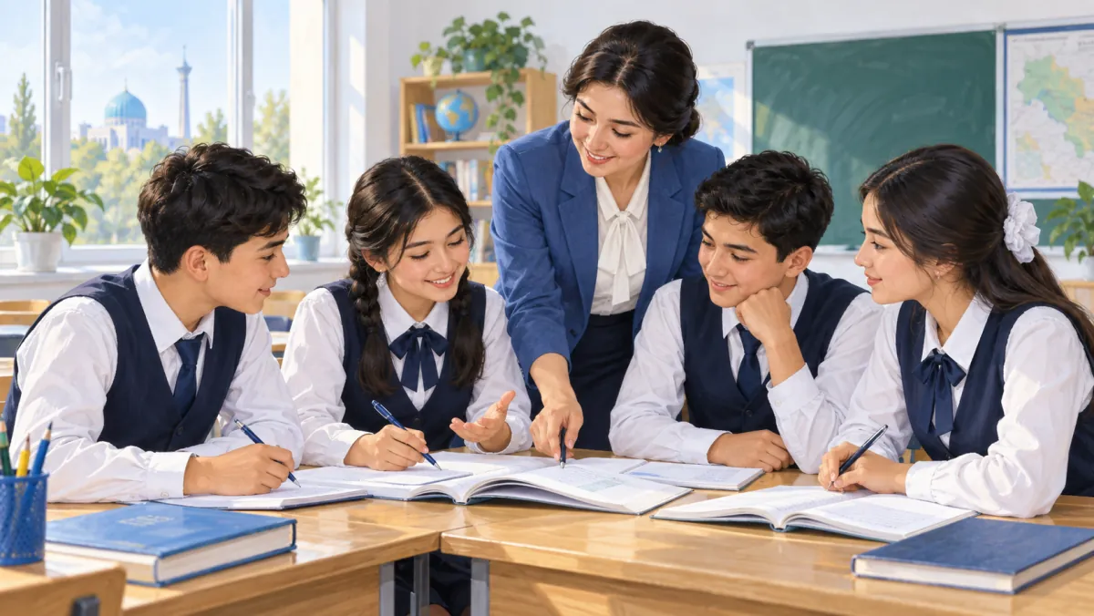 Sinfda ustoz bilan birga bilim olayotgan maktab o‘quvchilari tasviri